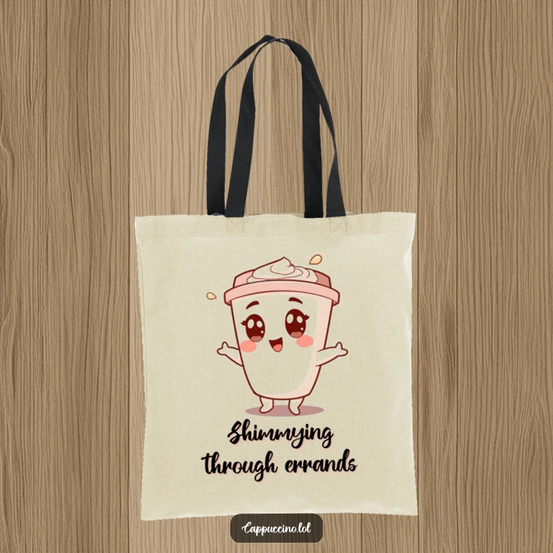 Funny tote bag with a happy cappuccino cup character performing a celebratory shimmy, perfect for carrying daily items.