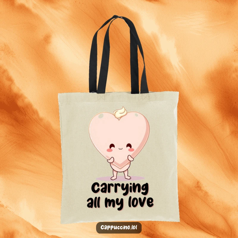 Funny tote bag featuring a wobbly cappuccino cup character balancing a huge foam heart, perfect for carrying daily items.