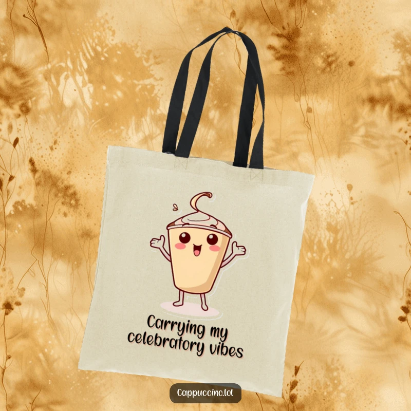Funny tote bag with a jubilant cappuccino cup character doing a celebratory jig with its arms, ideal for grocery shopping.