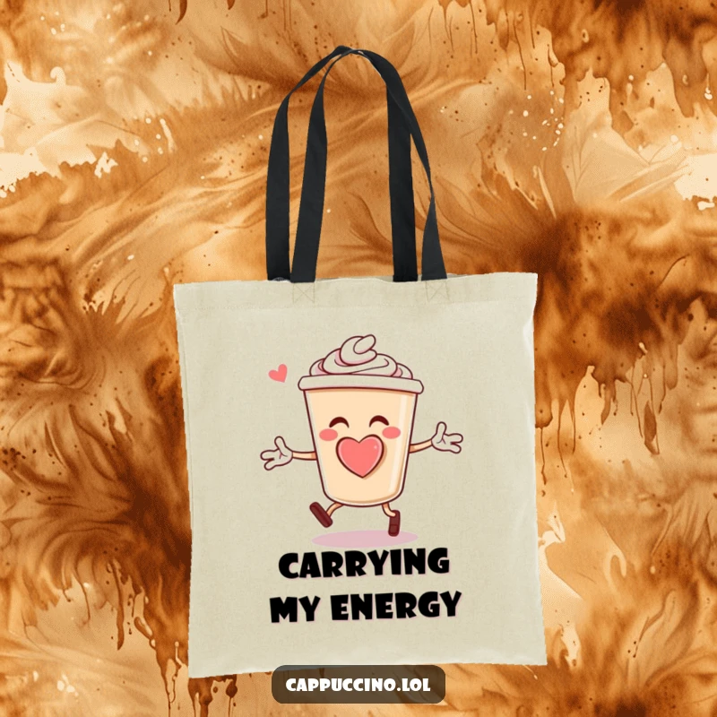 Funny Tote Bag: Cheerful cappuccino cup character with a foam heart, excitedly doing jumping jacks, perfect for daily use.