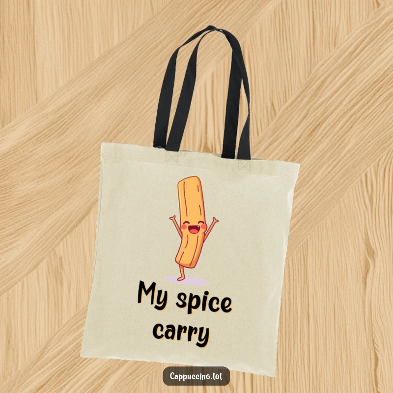 Funny Tote Bag showcasing a giggling cinnamon stick character doing a handstand, perfect for carrying goods with humor.