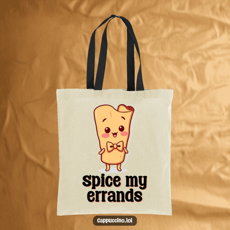 Funny Tote Bag featuring a silly cinnamon stick character in a tiny bowtie, captured mid-wiggle, perfect for carrying essentials.