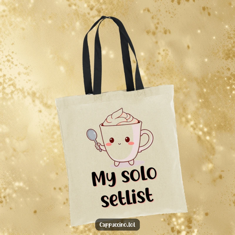 Funny tote bag with a cappuccino cup character holding a tiny spoon like a microphone, ready to sing.
