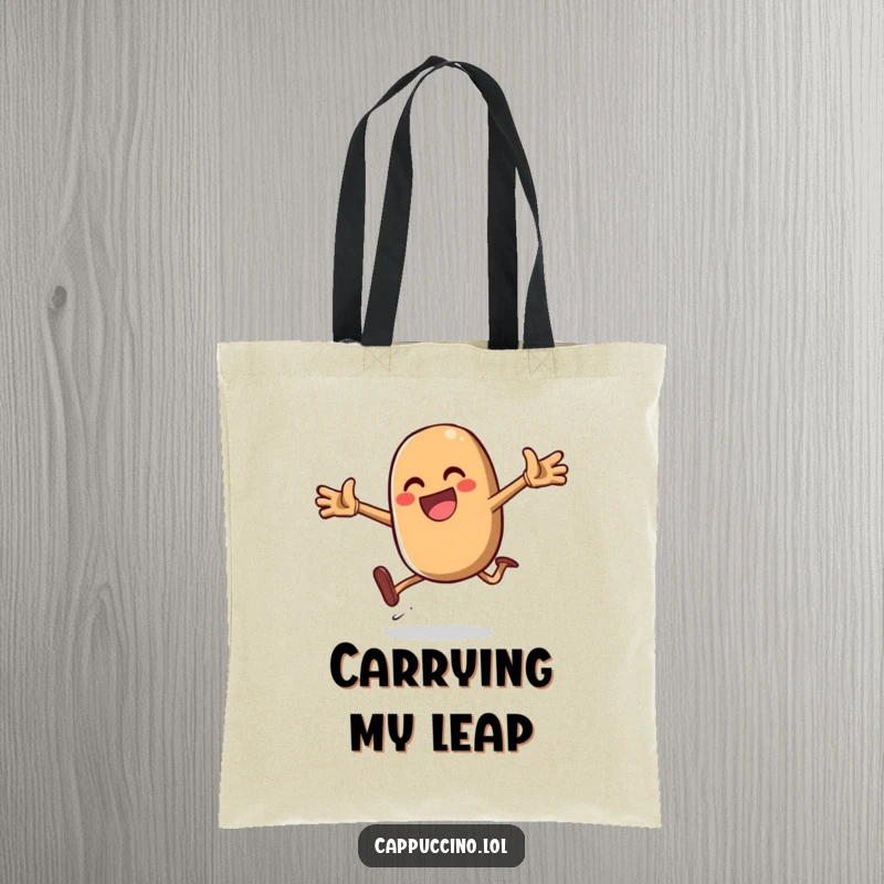 Funny Daring Jump Bean Tote Bag with a gleeful coffee bean character performing an energetic jump, perfect for carrying essentials with flair.