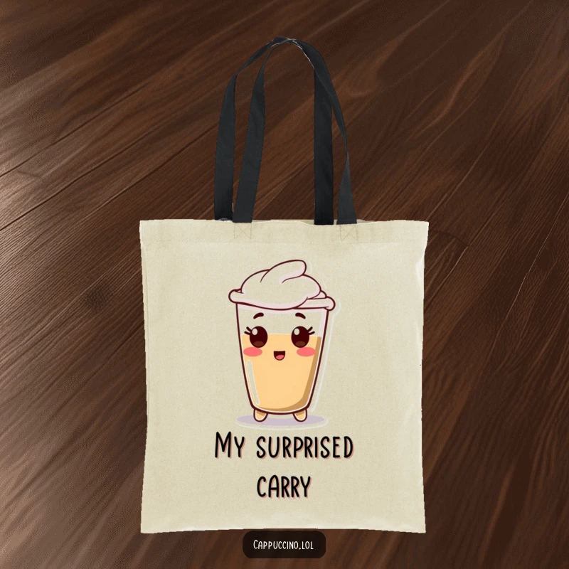 Funny Tote Bag displaying a happy espresso shot character in a state of delightful surprise, practical and amusing.