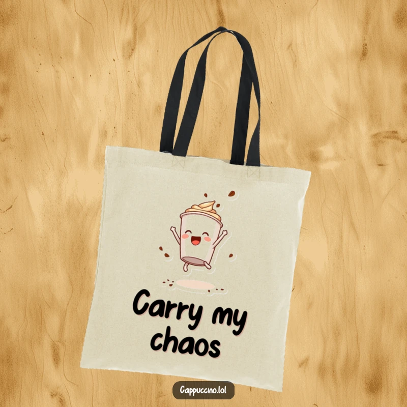 Funny Tote Bag: Delighted cappuccino cup character doing a somersault, coffee powder flying, perfect for stylish carrying.