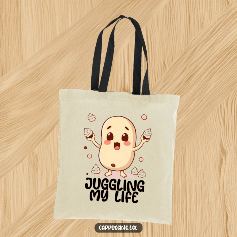 Funny Tote Bag with a surprised coffee bean character comically juggling small amounts of whipped cream, perfect for errands.