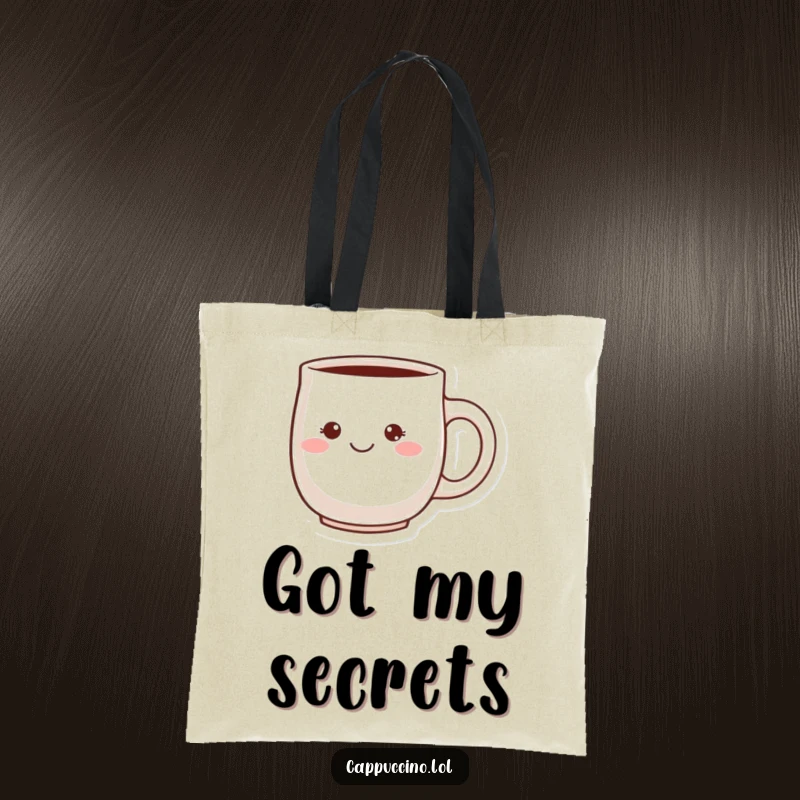 Funny Cheeky Grin Tote Bag with a blushing ceramic mug character and a mischievous grin, perfect for carrying essentials with charm.