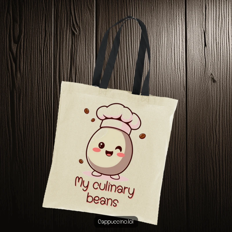 Funny coffee bean character wearing a chef hat on a practical and humorous tote bag.