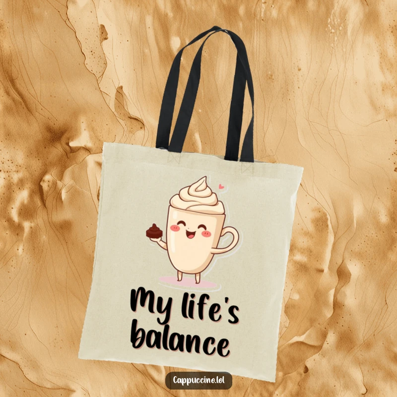 Funny tote bag with a joyful cappuccino cup character perfectly balancing a tiny chocolate shaving.
