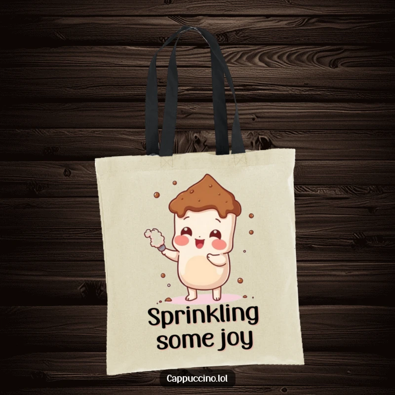 Funny Cheerful Cocoa Tote Bag with a playful cocoa powder character dusting itself, perfect for carrying essentials with sweet charm.