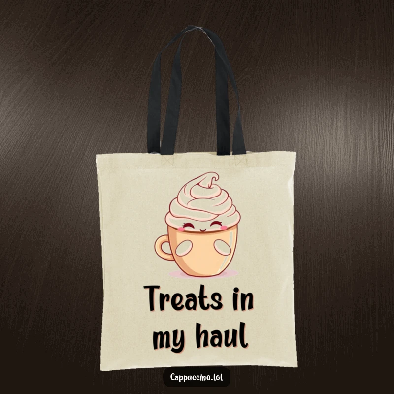 Funny winking cappuccino cup character offering a treat on a stylish and humorous tote bag.